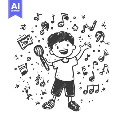 Aset premium populer: A joyful boy sings into a microphone with musical notes surrounding hi