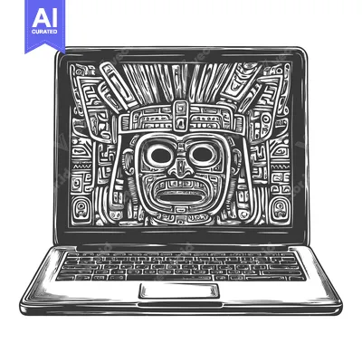 Aset desain premium: A laptop displaying an intricate Mayan-style mask design.