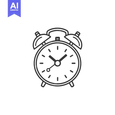 An illustrated black and white analog alarm clock on a white backgroun