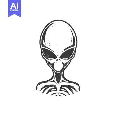 Premium design asset: Depiction of a gray alien creature with large black eyes