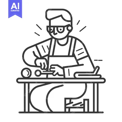 Aset premium populer: A Line Art Illustration of a Craftsman Working at a Table