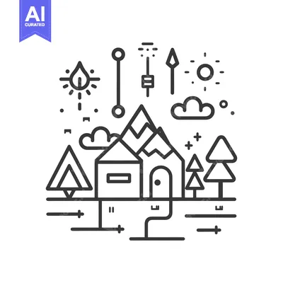 Aset desain premium: A Line Art Illustration of a House and Mountains in a Forest