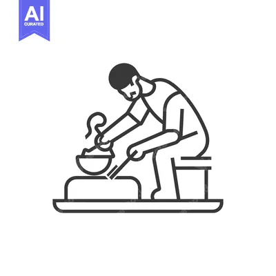 Premium design asset: A Line Art Illustration of a Man Stirring Food in a Bowl
