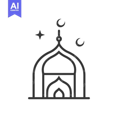 A Line Art Illustration of a Mosque with a Star and Crescent Moons