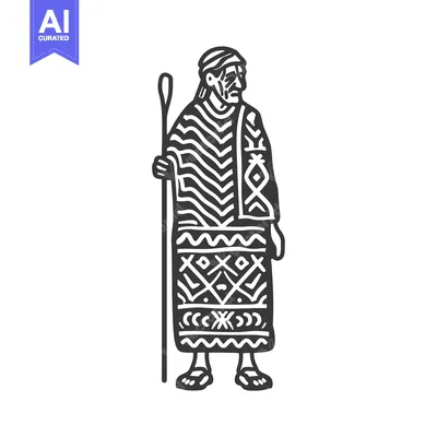 Premium design asset: A Line Art Illustration of an Elderly Person in Traditional Clothing H