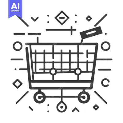 Aset desain premium: A Line Art Illustration of a Shopping Cart with Abstract Geometric Sha