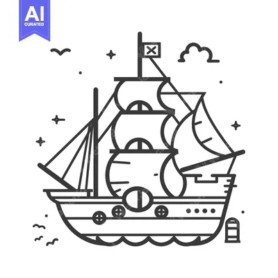 Aset premium populer: A Line Art Illustration of a Tall-Ship with a Pirate Flag