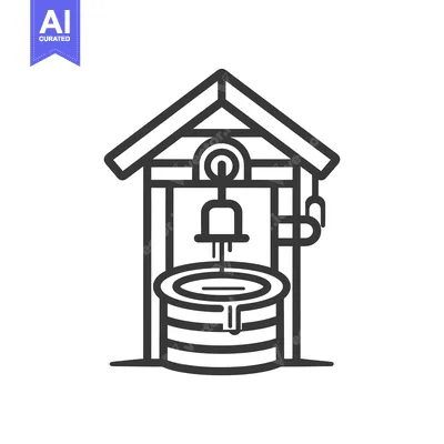 Aset desain premium: A Line Drawing Illustration of a Well with a Bucket and Pulley