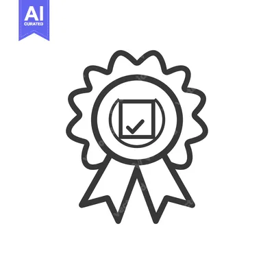 Aset desain premium: A line drawing of a black and white checkmark in a circle with a ribbo