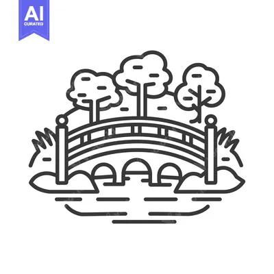 Aset desain premium: A line drawing of a bridge over a stream with trees and grass on each