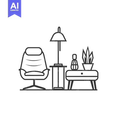 Aset desain premium: A Line Drawing of a Chair, Side Table, Lamp, and Plant