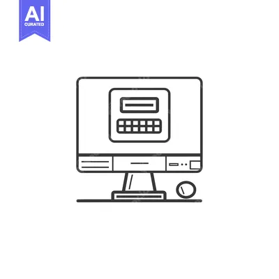 Aset desain premium: A line drawing of a computer monitor with a calculator displayed on th