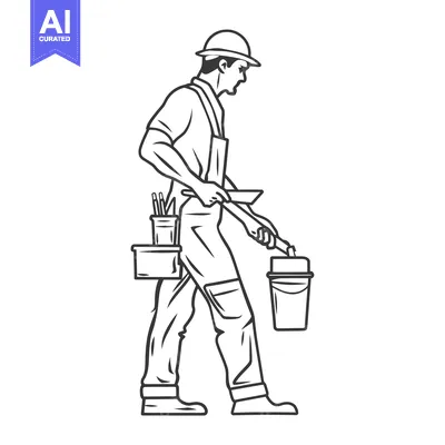 Aset premium populer: A Line Drawing of a Construction Worker with a Bucket and Tools