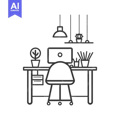 Popular premium asset: A Line Drawing of a Desk With a Computer and a Chair