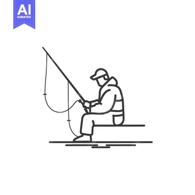 A Line Drawing of a Fisherman Sitting and Holding a Fishing Rod
