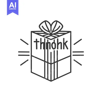 Aset desain premium: A line drawing of a gift box with a bow and the word "thank" written o