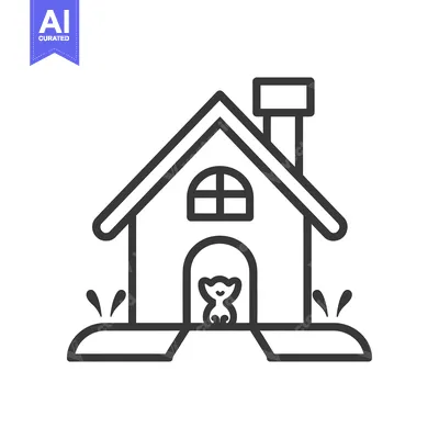 Aset desain premium: A line drawing of a house with a cat sitting in the doorway