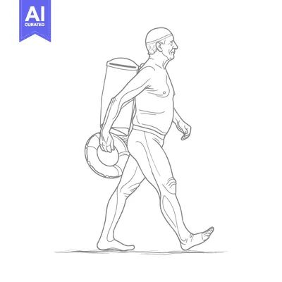 Aset desain premium: A Line Drawing of a Lifeguard Walking with a Life Preserver