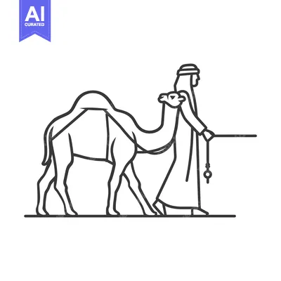 Aset desain premium: A Line Drawing of a Man Leading a Camel