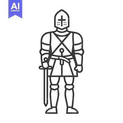 A Line Drawing of a Medieval Knight in Full Armor Holding a Sword