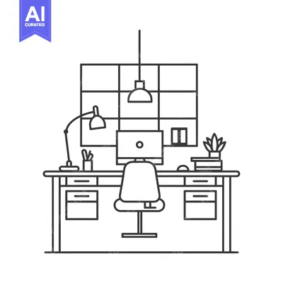 Aset desain premium: A Line Drawing of a Modern Office Desk Setup