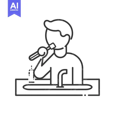 A line drawing of a person brushing their teeth in the bathroom