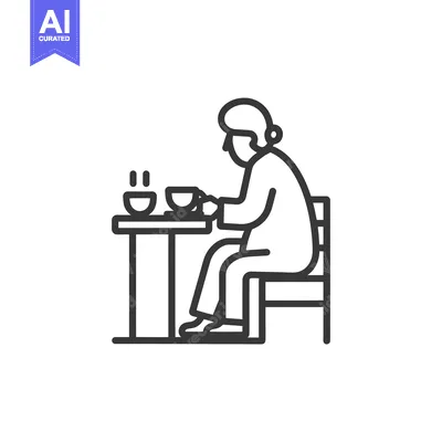 Aset desain premium: A Line Drawing of a Person Sitting at a Table Eating