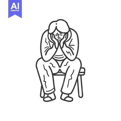 A Line Drawing of a Person Sitting on a Stool, Hands on Face, Looking