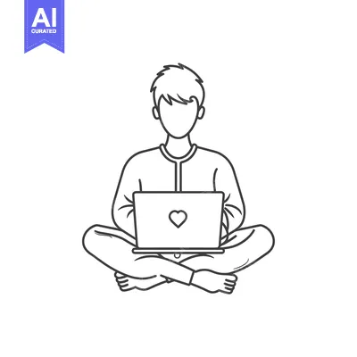 Aset desain premium: A Line Drawing of a Person Sitting with a Laptop with a Heart on the S
