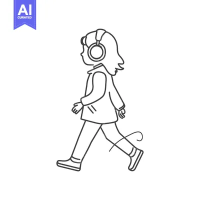 Aset desain premium: A line drawing of a person walking while wearing headphones