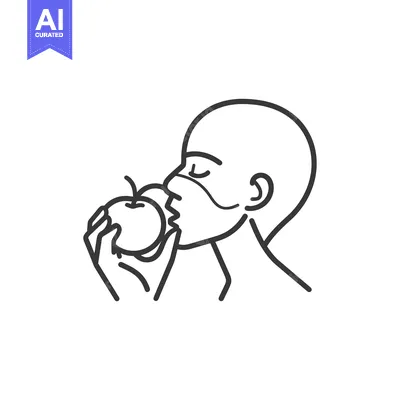 Aset desain premium: A line drawing of a person with a mask eating an apple
