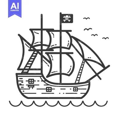 Aset premium populer: A Line Drawing of a Pirate Ship with a Skull and Crossbones Flag