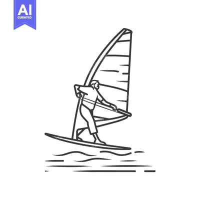 Aset premium populer: A Line Drawing of a Windsurfer Riding a Wave