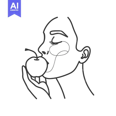 Aset desain premium: A Line Drawing of a Woman's Face and Hand Holding an Apple