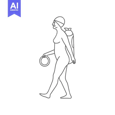 A line drawing of a woman walking with a swimsuit and a floatie