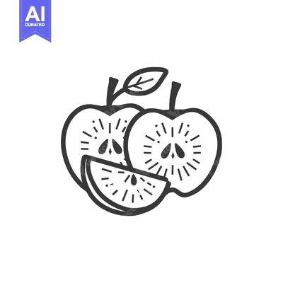 Aset desain premium: A Line Drawing of Two Whole Apples and a Slice of Apple