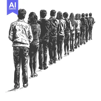 Aset desain premium: A Line of People Viewed From Behind in a Woodcut Style