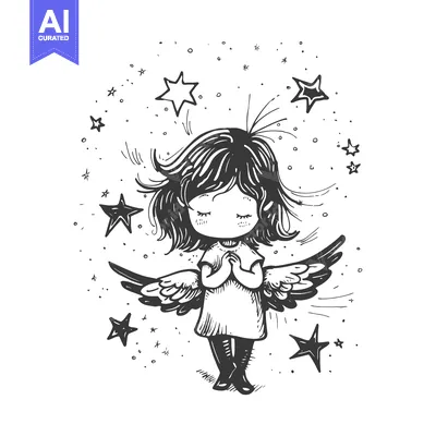 Aset premium populer: A Little Angel Girl Surrounded by Stars with Wings Spread