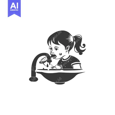 Premium design asset: A Little Girl Brushing Her Teeth at the Sink