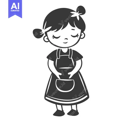 Aset desain premium: A Little Girl Wearing an Apron with Her Hands in the Pocket