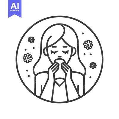 Aset desain premium: Minimalist Line Art: Woman with Allergies, Tissue, and Pollen