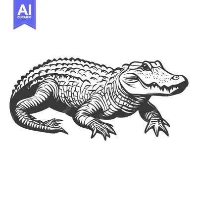 Aset premium populer: A detailed black and white illustration of a walking crocodile