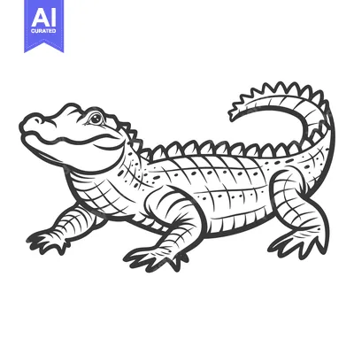 Premium design asset: A detailed black and white illustration of a walking alligator