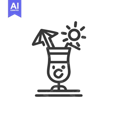 Aset desain premium: Tropical Cocktail Icon with Umbrella and Sun, Line Art Style