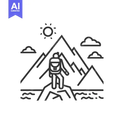 Aset desain premium: A lone hiker stands atop a mountain peak with a backpack, overlooking