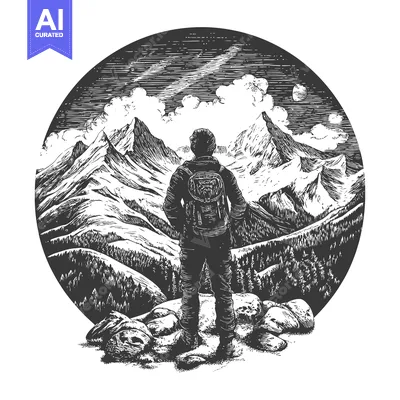 Popular premium asset: A lone hiker stands before a mountainous landscape in a black and whit