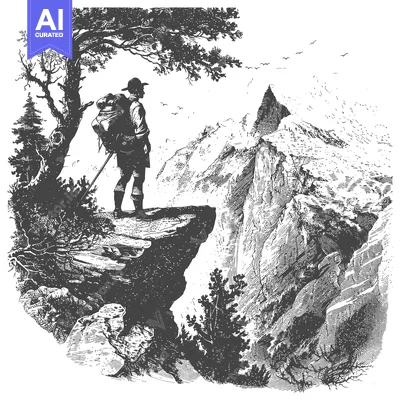 Aset desain premium: A lone hiker with a backpack stands on a cliff overlooking a mountain