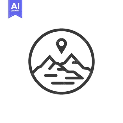Aset desain premium: Minimalist Mountain Landscape Icon with Location Pin in Circle Frame