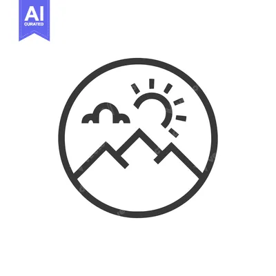 Premium design asset: Minimalist Mountain Landscape Icon with Sun and Cloud in Circle Frame