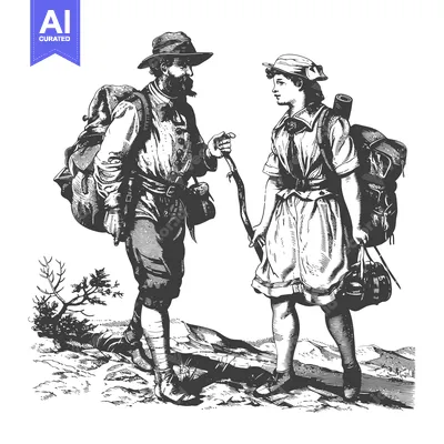 Aset desain premium: A Man and a Woman in Hiking Gear, with Backpacks, Standing on a Trail